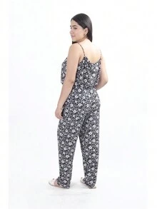 Enterizo Mono para Mujer Dama de Flores Con Tirantes Resorte en la Cintura Bolsas laterales Abertura en el Pecho - Blanco y Negro - Ver 2