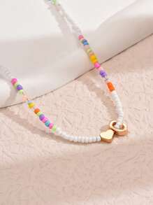 1pc Mixed-Color Rice-Shaped Beaded Heart & Letter Pendant Necklace