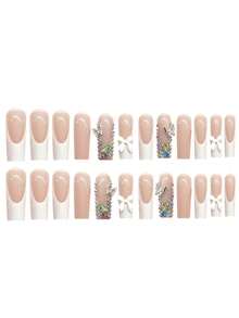 48pcs Long Square Acrylic Press-On French Nail Art Kit With Rhinestone Butterfly Design For Fingers And Toes, Including Jelly Glue And Nail File. Suitable For All Women, Perfect For Daily Outfits To Make Your Fingertips More Charming. - White - View 3