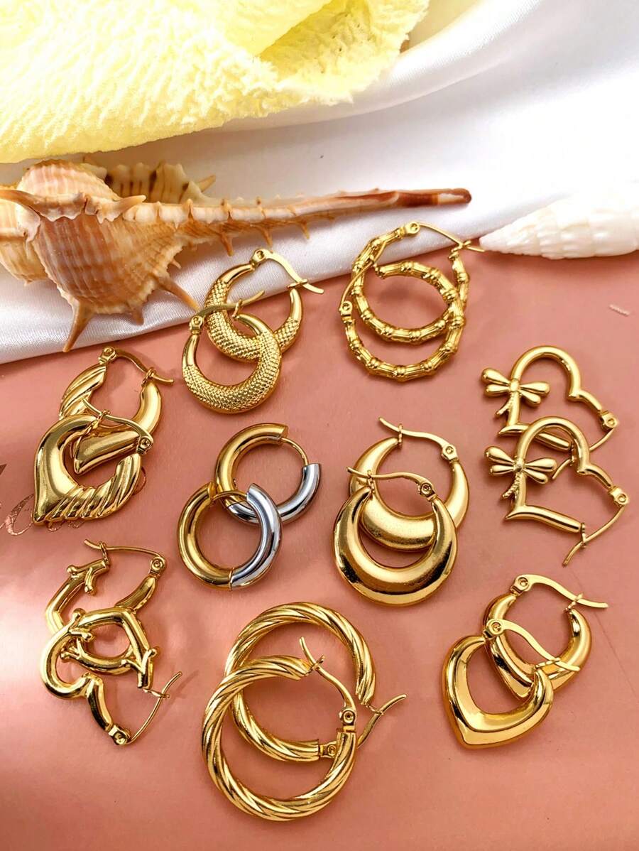 女士金环耳环，24K 环防过敏小金环耳环套装，适合女士和女孩，轻巧小耳钉穿孔珠宝礼物，不锈钢，锆石