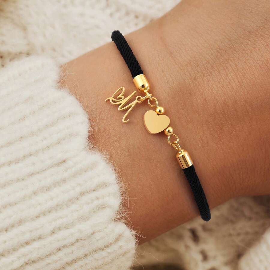 1条新款经典金色不锈钢字母爱心可调节绳手链，适合女性，情人节、母亲节礼物 - 黑色 - 查看 1
