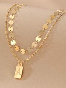 VKME 1入單金屬（環保材料）波西米亞風格優雅高貴感字母A圓形亮片多層項鍊女士日常佩戴 - 金黃色 - 查看 3