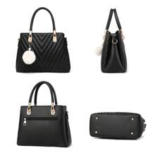 Womens Fashion Leather Handbags Quilted Purses Top-Handle Totes Satchel Bag For Ladies Shoulder Bag For Women With Pompom
