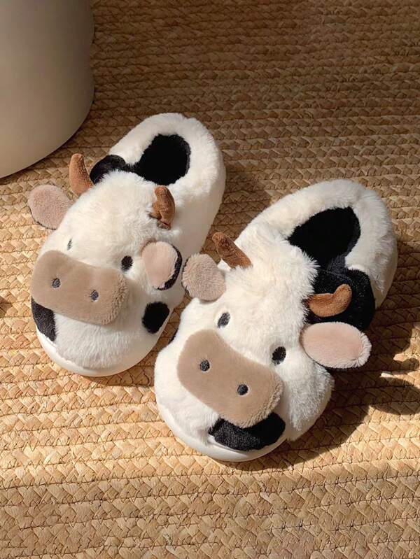 Soft And Cute Cow-Themed Slippers For Women, Winter Fashionable And Warm Indoor Shoes For Girls' Dorm Rooms