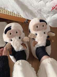 Soft And Cute Cow-Themed Slippers For Women, Winter Fashionable And Warm Indoor Shoes For Girls' Dorm Rooms