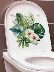 1pc Watercolor Tropical Green Plant Toilet Tank Sticker; Can Be Used As Bathroom Door Or Wall Decal; Add More Fun To Your Home, Stickers, Wall Decal, Vinyl Decal For Home Decorations, Spring Decoration Items Refresh Your Home, Rama Decoration Stickers Gifts Birthday Graduation