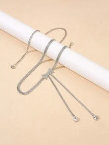 1入組金屬蝴蝶結鑲嵌鑽石腰鏈配流蘇吊墜女士配戴，適用於約會、派對、街頭穿搭及裙子 - 銀色 - 查看 5