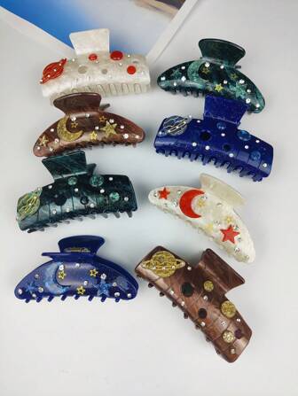 Large Stars And Moon Hair Claw Clips Cool Space Planets Hair Clips Elegant And Practical Strong Hold Hair Accessories Handmade Witch,Hair Jaw Clip,Hair Clutch Fall Winter For Vacation Outfits Woman