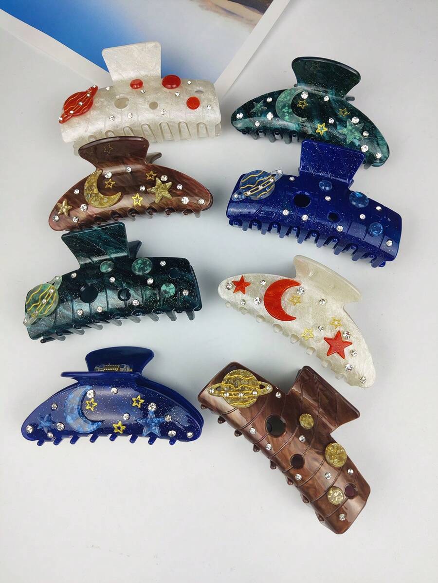 Kẹp tóc hình ngôi sao và mặt trăng lớn, kẹp tóc hình hành tinh không gian mát mẻ, thanh lịch và thiết thực, phụ kiện giữ tóc chắc chắn, thủ công, kẹp tóc hình phù thủy, kẹp tóc, kẹp tóc thu đông cho trang phục đi nghỉ của phụ nữ