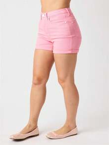 Judy Blue Women's High Waist Tummy Control Garment Dyed Shorts - 粉色 - 查看 3