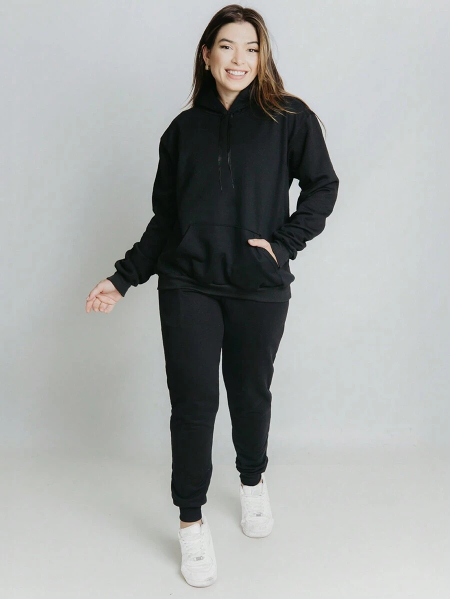Women's Sweatshirt Set Casual Cold Coat With Plain Flannel Hood Basic Tracksuit Stylish Kangaroo Winter Pants And Long Sleeve Cold Blouse - màu đen - Xem 1
