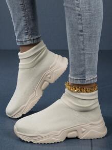 Women's Fashionable  Mid-Top Socks Sneakers, Convenient Slip-On Knitted Shoes With Mesh And Thick Sole, Lightweight And Comfortable For Walking, Super Breathable And Stylish - Beige - View 2