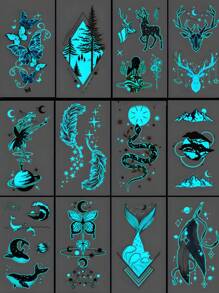 6 Stücke leuchtende wasserdichte temporäre Tattoos mit frischen Designs und langanhaltender Simulation, großem blau leuchtendem und weißem glühendem Tinten Original Körperkunst temporäre Tattoo-Aufkleber im Y2k Stil mit Glitzer Schlangen Rosen Flammen Schmetterling-Muster, wasserdichtes Fake-Tattoo, hält 2-5 Tage, verdeckt Narben, kann auf Armen, Handgelenken, Schultern, Beinen, Taille, Nacken, Hand, Brust, Oberschenkel, Finger aufgetragen werden, Party Geburtstagsüberraschung, zufällige Glow-in-the-Dark wasserdichte temporäre Tattoos leuchtend Glitzer Tattoo für Frauen und Männer - Verschiedenfarbig - Übersicht 2
