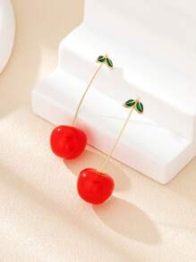 1pair European And American INS Fashionable Resin Fruit Drip Green Leaf Cherry Earrings, Suitable For Women, Ideal For Summer, Travel, Vacation, Wedding, Banquet, Birthday Gift For Friend, Unique Earring To Switch Up Your Look - Cherry Earrings - View 12