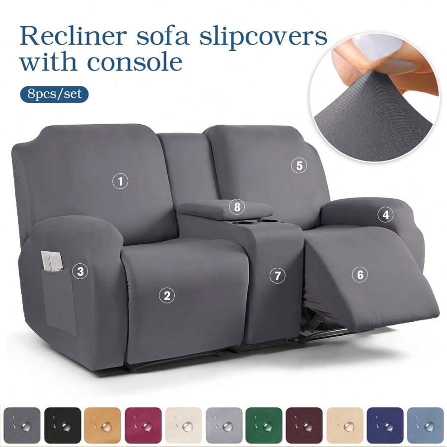 8pcs Milk Silk Double Recliner Sofa Cover Set With Cup Holder - Black - View 1