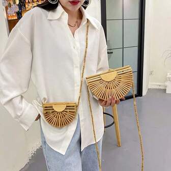 Fashion Half Moon Wooden Shoulder Crossbody Bags For Women Bamboo Woven Summer Beach Straw Bag Rattan Small Phone Purse Mini