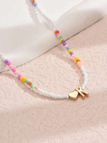 1pc Mixed-Color Rice-Shaped Beaded Heart & Letter Pendant Necklace