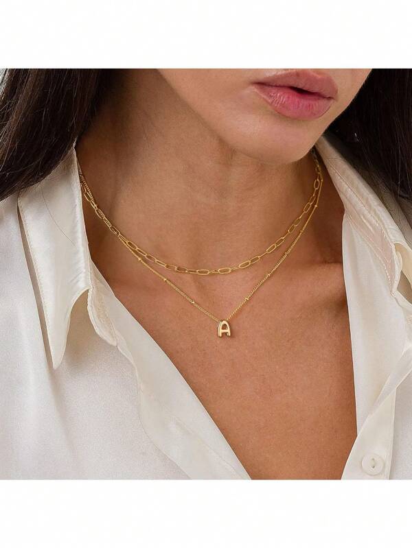 Personalized Bubble Letter Necklace - Layered Gold Initial Tiny Small Pendent Necklaces For Women, Dainty Gold Initial Choker Paperclip Chain Necklace Gold Jewelry For Women Teen Girls Gifts