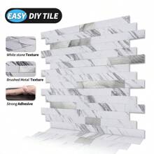 Art3d 10pcs 13.4"X11.85" Peel And Stick Kitchen Backsplash Tile,Easy DIY Vinyl Stick On Wall Tile Sticker For Home Decor,Wall Decor,Renovation Stickers Peel Wall Panels,Wall Paper, Wallpapers,Spring Decoration Items Refesh Your Home,Rama Decoration Stickers - 白色石板鑲銀飾 - 查看 5