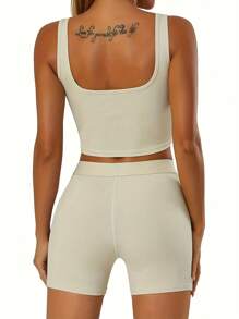 Workout Sets For Women 2 Piece Ribbed High Waist Shorts With Tank Crop Top Sport Bra Yoga Outfits - Màu be - Xem 2