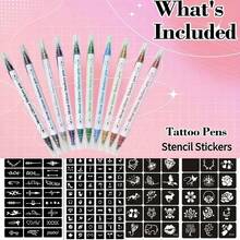 Temporary Tattoo Pen With Tattoo Templates Set - Ink-Based, Alcohol-Free, Skin-Friendly Body And Facial Coloring Tattoo Marker For Temporary Body Art - Multicolor - View 1