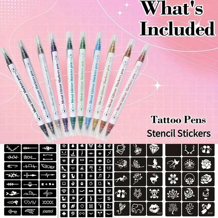 Temporary Tattoo Pen With Tattoo Templates Set - Ink-Based, Alcohol-Free, Skin-Friendly Body And Facial Coloring Tattoo Marker For Temporary Body Art - Multicolor - View 1