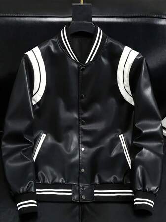 American Motorcycle Rider Jacket, Colorblock Soft PU Baseball Bomber Leather Jacket