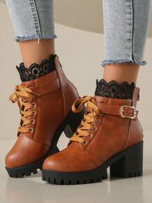 New Ankle Boots For Women With Heels, Black Leather & Lace Upper, Buckle Decor, Fashion Chunky Heel Autumn Ankle Boots - Brown - View 2