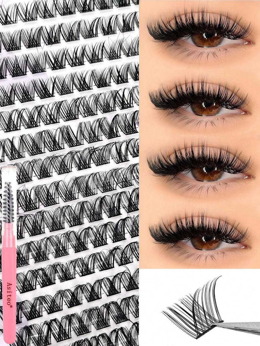 Asiteo 168 Pcs Faux Mink Eyelashes Wispy DIY Cluster Lashes Mix Size Natural Thick Eyelashes Extension 3D Curl Individual Natural Daily Makeup Look With Tool Brush - 彩色 - 查看 1