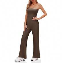 BZB Women's Strapless Ribbed Flare Jumpsuits One Piece Tube Top Casual Long Pants Rompers - Coffee Brown - View 4