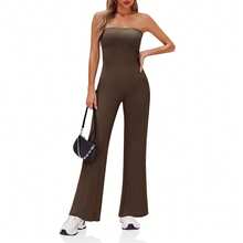 BZB Women's Strapless Ribbed Flare Jumpsuits One Piece Tube Top Casual Long Pants Rompers - Coffee Brown - View 1