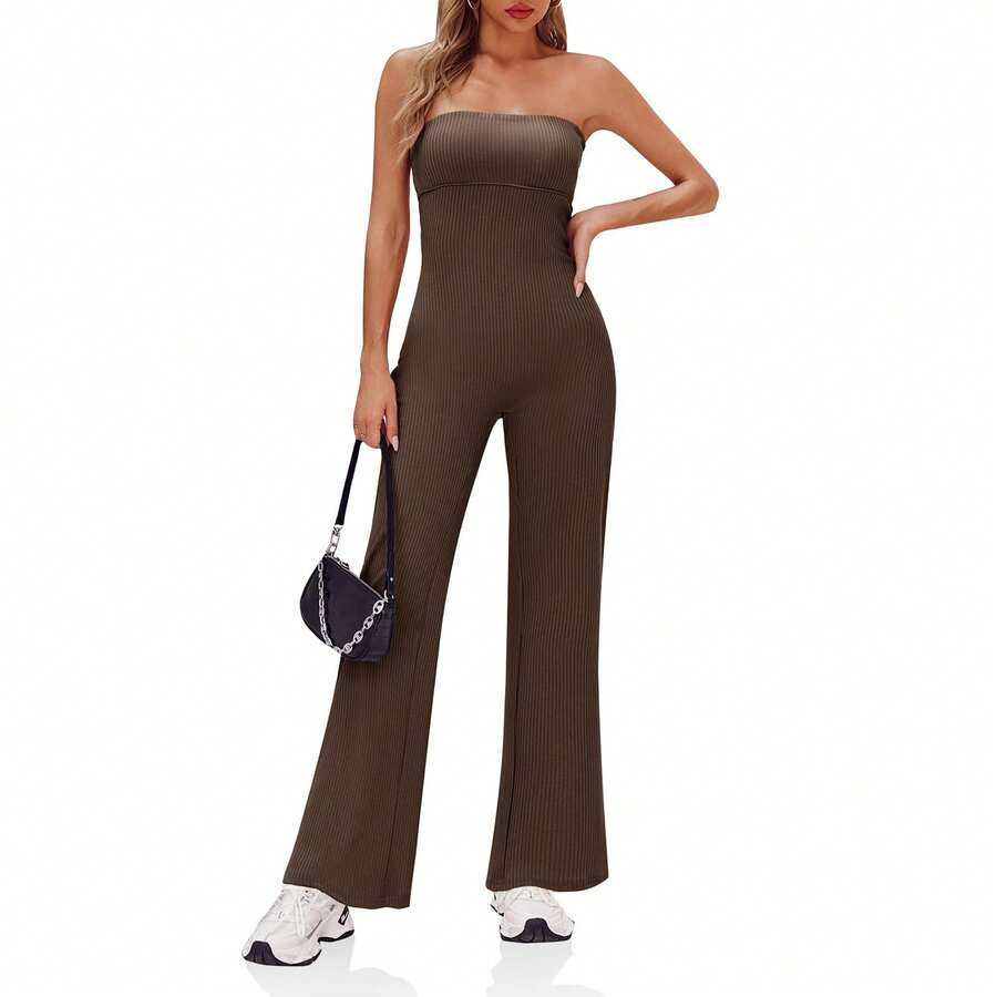 BZB Women's Strapless Ribbed Flare Jumpsuits One Piece Tube Top Casual Long Pants Rompers - Coffee Brown - View 1