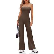 BZB Women's Strapless Ribbed Flare Jumpsuits One Piece Tube Top Casual Long Pants Rompers - Coffee Brown - View 5