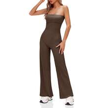 BZB Women's Strapless Ribbed Flare Jumpsuits One Piece Tube Top Casual Long Pants Rompers - Coffee Brown - View 3