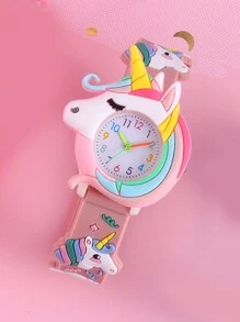 Kinder Cartoon Einhorn Digitaluhr Mädchen Armbanduhr und buntes Perlenarmband-Set ohne Geschenkbox, ideales Geschenk für Freunde - Pink - Übersicht 3