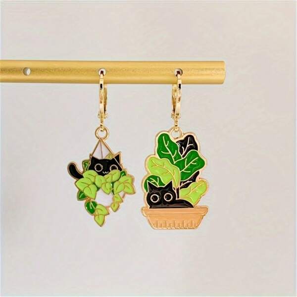 Asymmetric Copper Ring Succulent Cat Ear Earrings