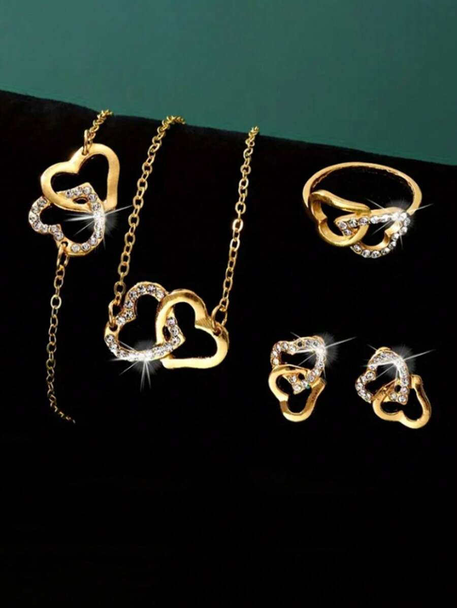 1入時尚心形吊墜項鍊套裝，包含1入手鏈、1入項鍊、1入戒指、1對耳環。適用於派對，作為禮物最佳選擇。 - 金色 - 查看 1