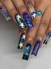 24 cái/bộ Móng tay ấn hình vuông dài với thiết kế hoạt hình ngôi sao Halloween, bao gồm keo thạch và chà móng tay, thích hợp cho mọi phụ nữ, hoàn hảo cho trang phục hàng ngày để làm cho đầu ngón tay của bạn duyên dáng hơn. - Màu xanh lam - Xem 2