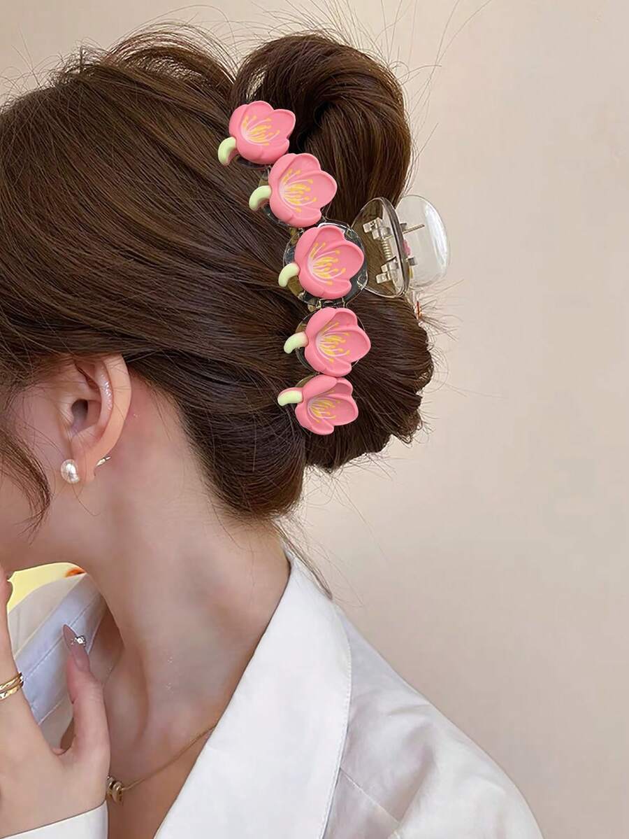 1pc Flower Shaped Hair Claw, Perfect For Daily Wear And Decoration - Pink - View 1