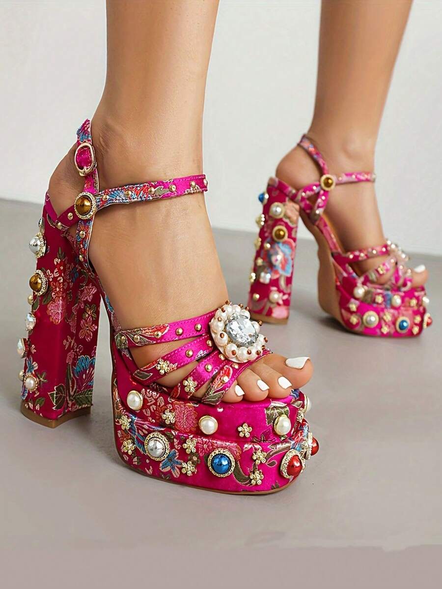 Arqa Women's Platform Heels Ankle Strap Pumps High Heeled Chunky Block High Heel Sandals Rhinestones Bow Knot Party Prom Dress Pumps Shoes For Women Valentines