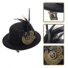 蒸汽朋克复古齿轮哥特羽毛指针迷你高顶礼帽发夹发饰 - 黑色 - 查看 4