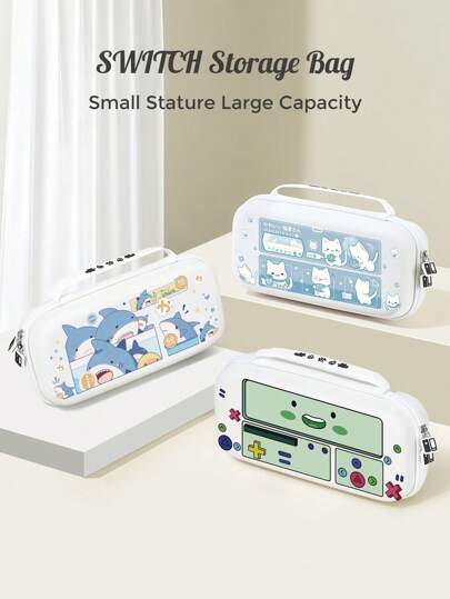 1 个带手柄的鲨鱼/猫咪收纳包，适用于 OLED/Switch NS/New 2025 Switch 第二代 7.9 英寸主机，带集成支架和 10 个游戏卡收纳盒的硬壳保护包，便携式防震游戏卡包，适合旅行携带，为游戏机和 Switch 配件提供防撞防摔保护