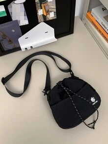 1 件男士斜挎包抽绳包单肩包方形包多功能便携适合日常休闲包适合旅行度假超市购物派对节日礼物和其他场合时尚纯色尼龙字母贴片街头适合学生白领朋友完美的男孩礼物零钱公交卡银行卡钥匙储物袋旅行配件斜挎包返校通勤旅行必备品夏季包 - 黑色 - 查看 9