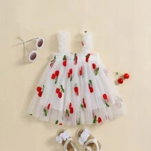 嬰兒女寶寶夏季刺繡雛菊公主裙，泡泡袖款式，新款薄肩帶花卉網紗連衣裙 - 米色 - 查看 2