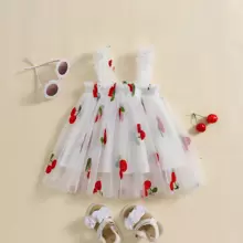 嬰兒女寶寶夏季刺繡雛菊公主裙，泡泡袖款式，新款薄肩帶花卉網紗連衣裙 - 米色 - 查看 1