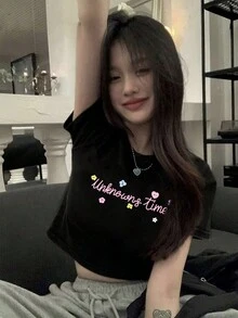 女士春季通勤圓領印花短袖T恤 - 黑色 - 查看 3