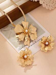 3pcs/Set Women's Daily Fashion Floral Pendant Necklace And Elegant Flower Earrings Set Valentines - Yellow Gold - View 3
