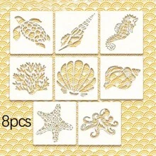 4/8入組卡通海洋動物中空畫板，中空剪裁裝飾噴繪版，學生繪圖工具，中空剪裁日記 - 彩色 - 查看 12