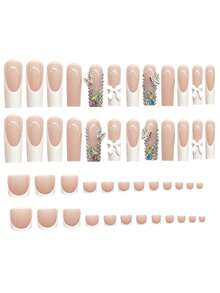 48pcs Long Square Acrylic Press-On French Nail Art Kit With Rhinestone Butterfly Design For Fingers And Toes, Including Jelly Glue And Nail File. Suitable For All Women, Perfect For Daily Outfits To Make Your Fingertips More Charming. - White - View 2