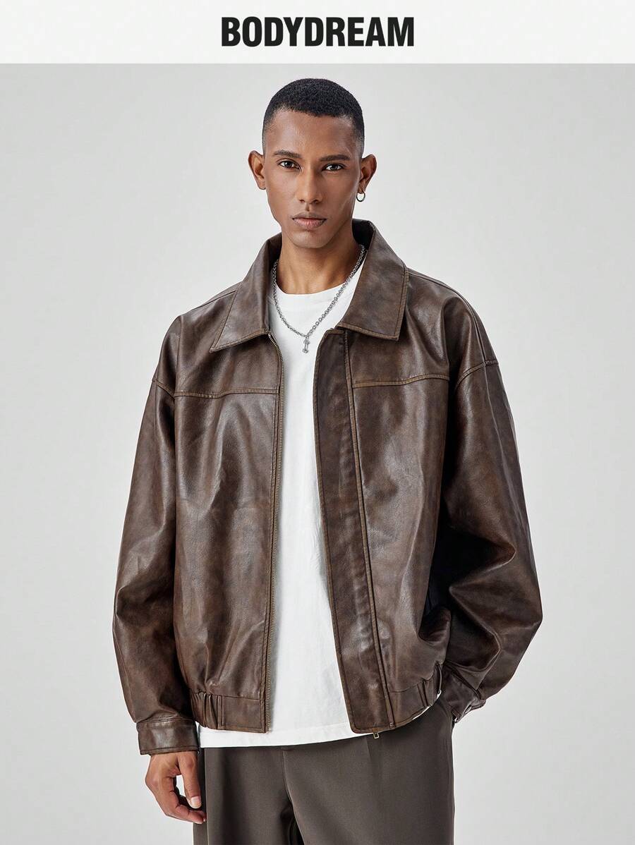 BODYDREAM 男式拉链长袖 PU 皮夹克